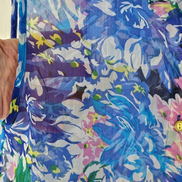 Top Lapis sheer floral blue green yellow print sleeveless button up blouse Large - Picture 7 of 8